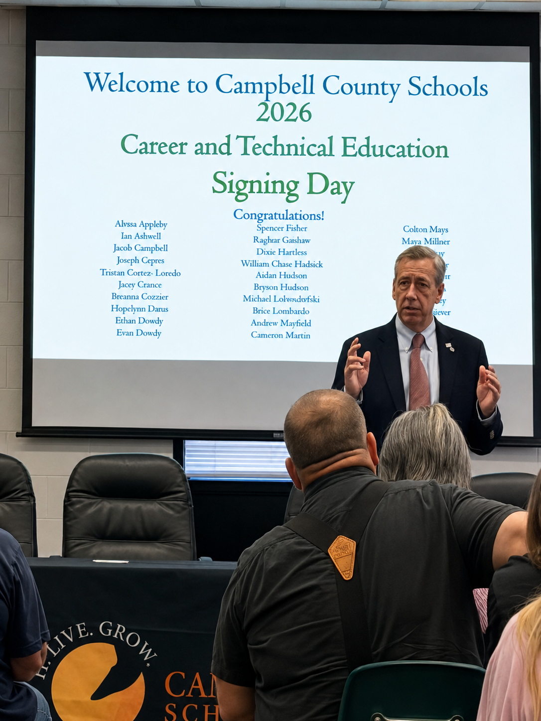 Campbell County Schools presentation screen listing 2026 Career and Technical Education Signing Day students.