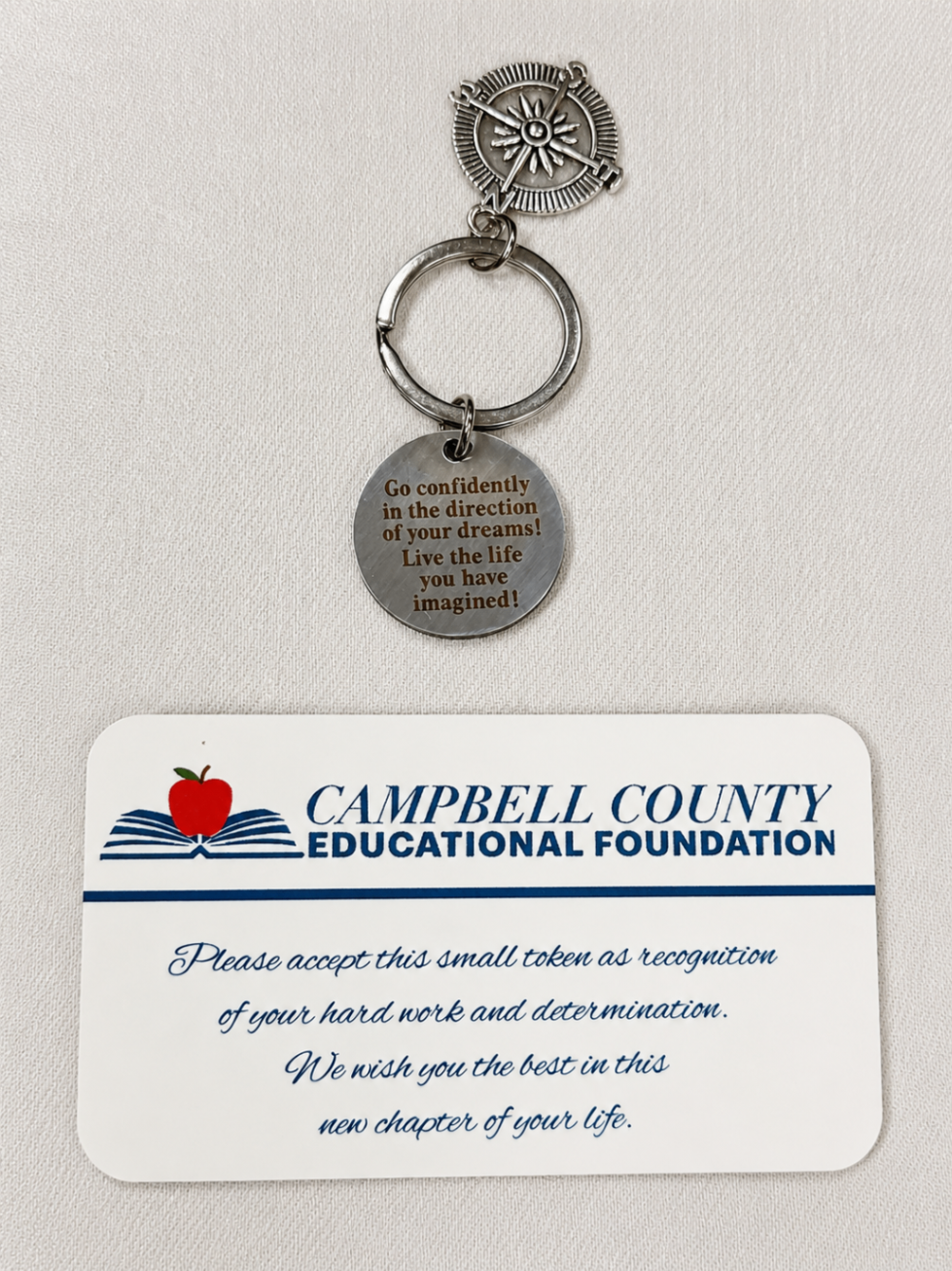 Recognition token and Campbell County Educational Foundation card presented during the 2026 CTE Signing Day event.